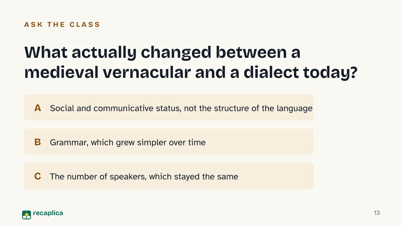 Slide 13 of the presentation on Italian Dialects: What actually changed between a medieval vernacular and a dialect today?