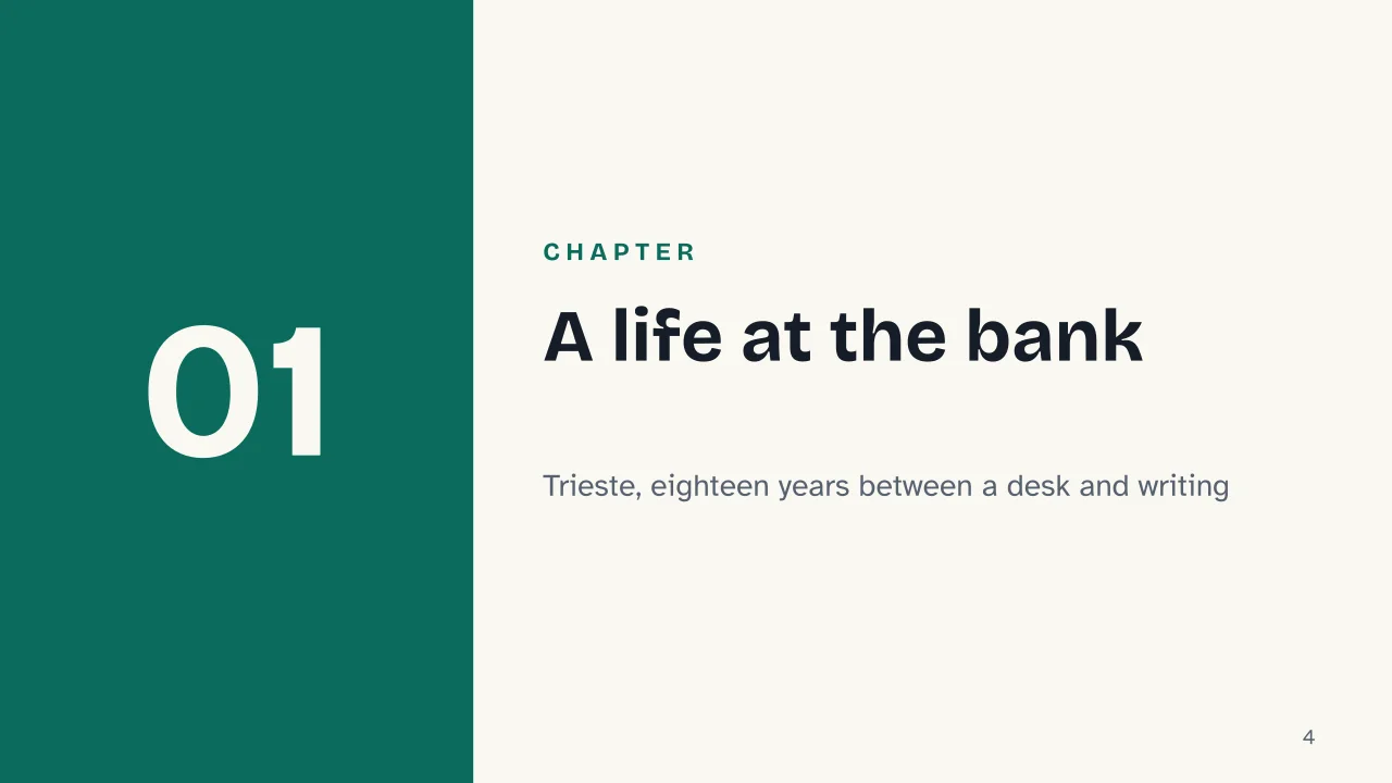 Slide 4 of the presentation on Italo Svevo: Chapter 01: A life at the bank