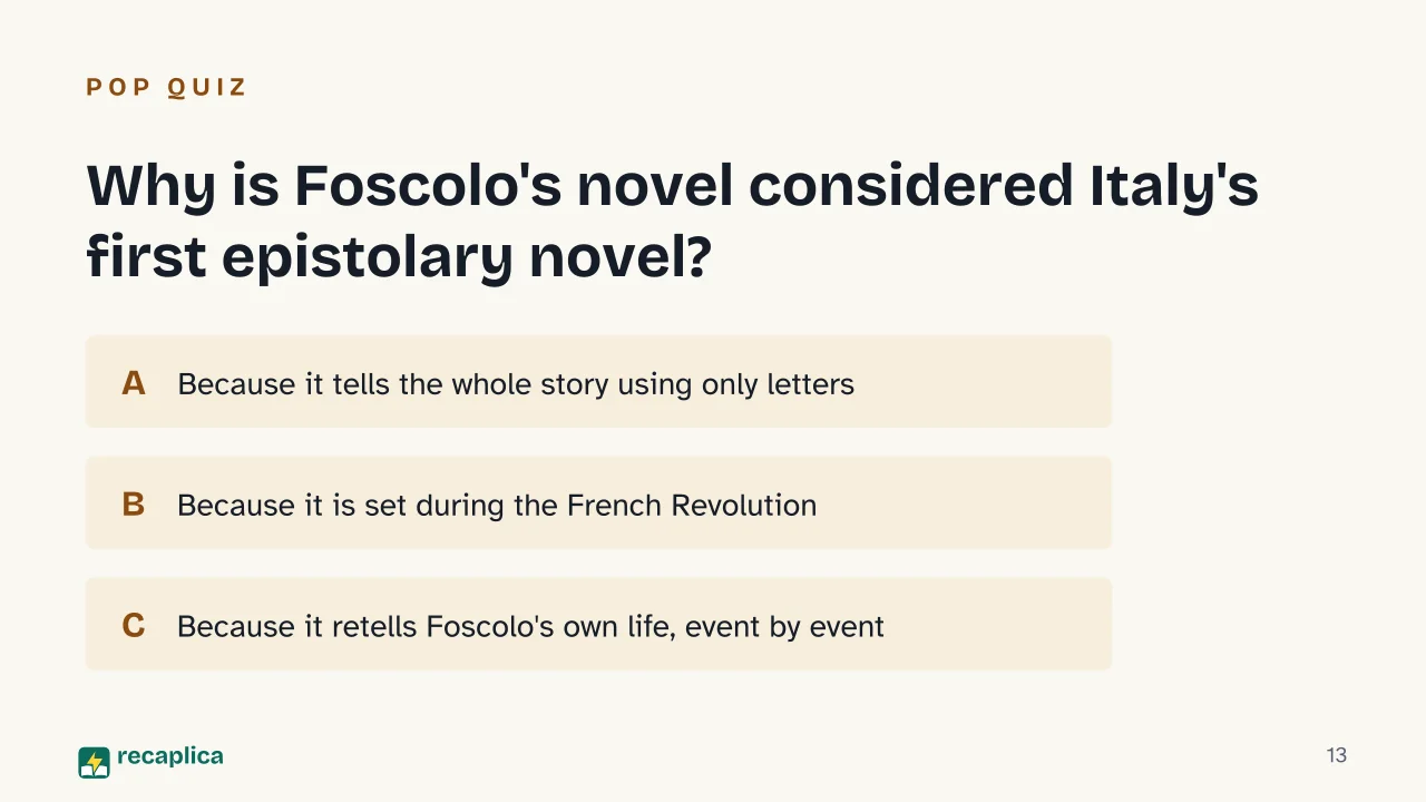 Slide 13 of the presentation on The Last Letters of Jacopo Ortis: Why is Foscolo's novel considered Italy's first epistolary novel?