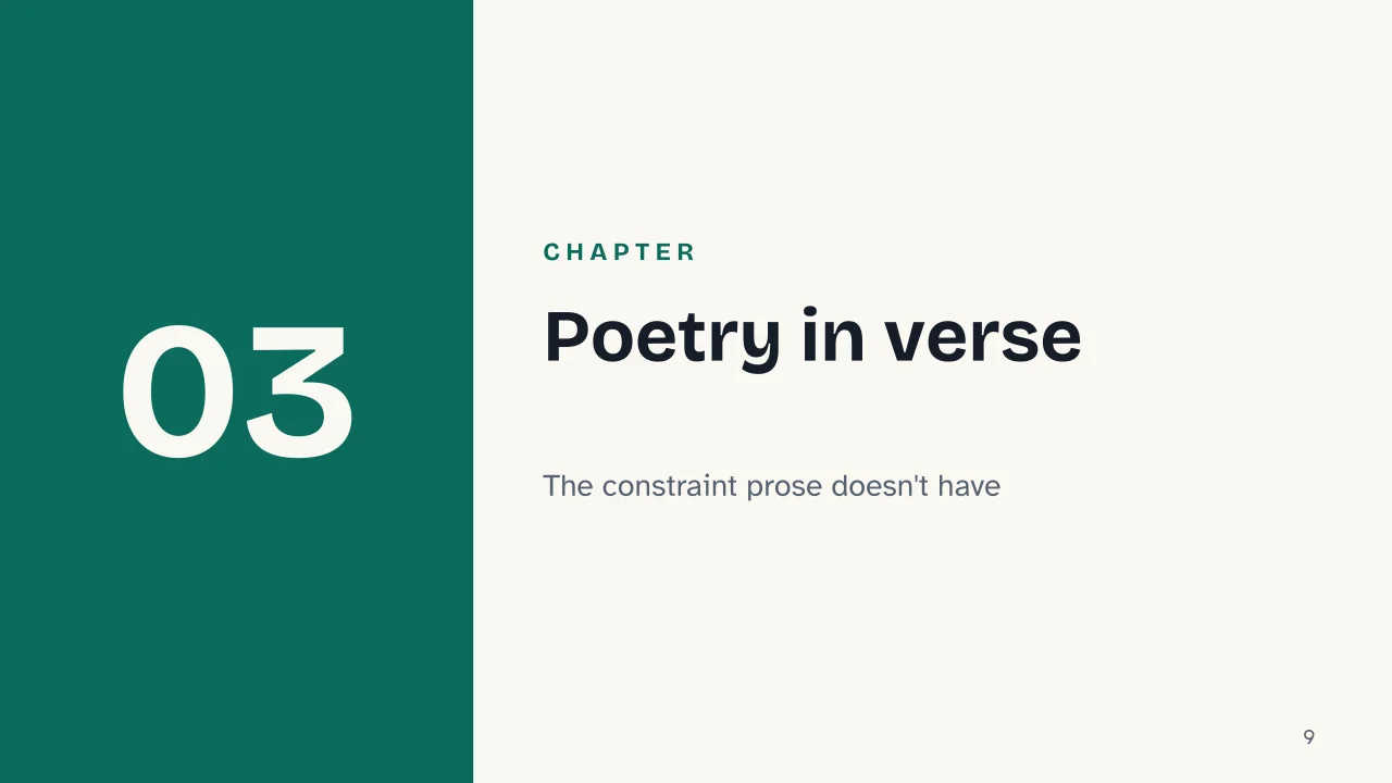 Slide 9 of the presentation on Literary Genres: Chapter 03: Poetry in verse