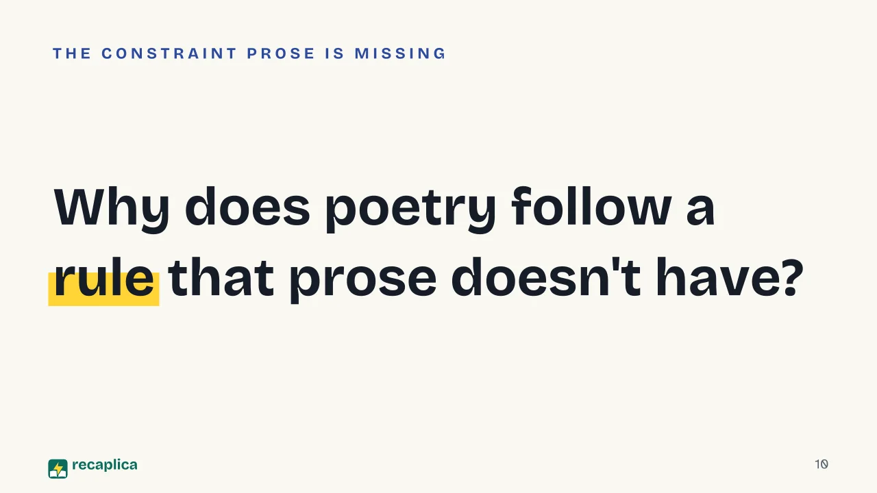 Slide 10 of the presentation on Literary Genres: Why does poetry follow a rule that prose doesn't have?