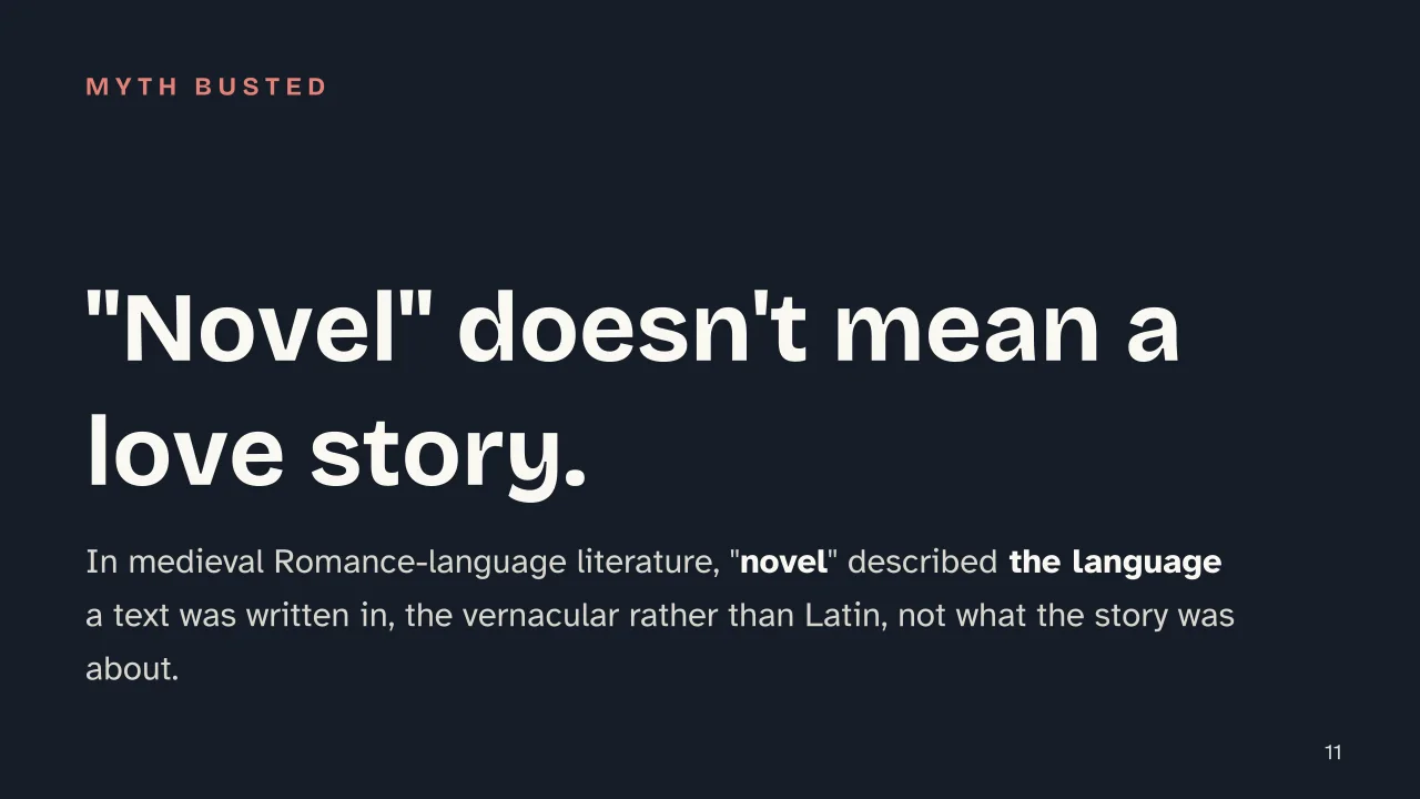 Slide 11 of the presentation on Literary Genres: "Novel" doesn't mean a love story.
