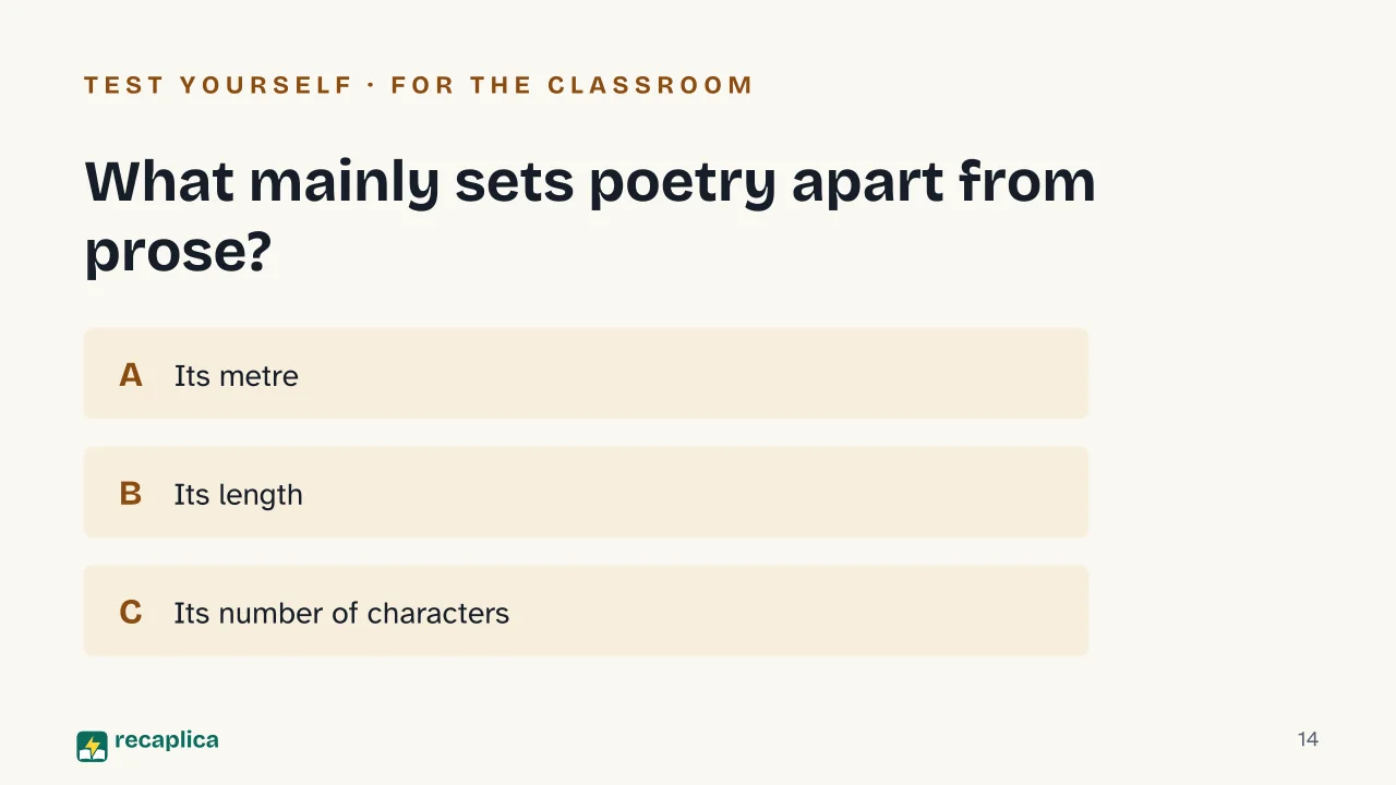 Slide 14 of the presentation on Literary Genres: What mainly sets poetry apart from prose?