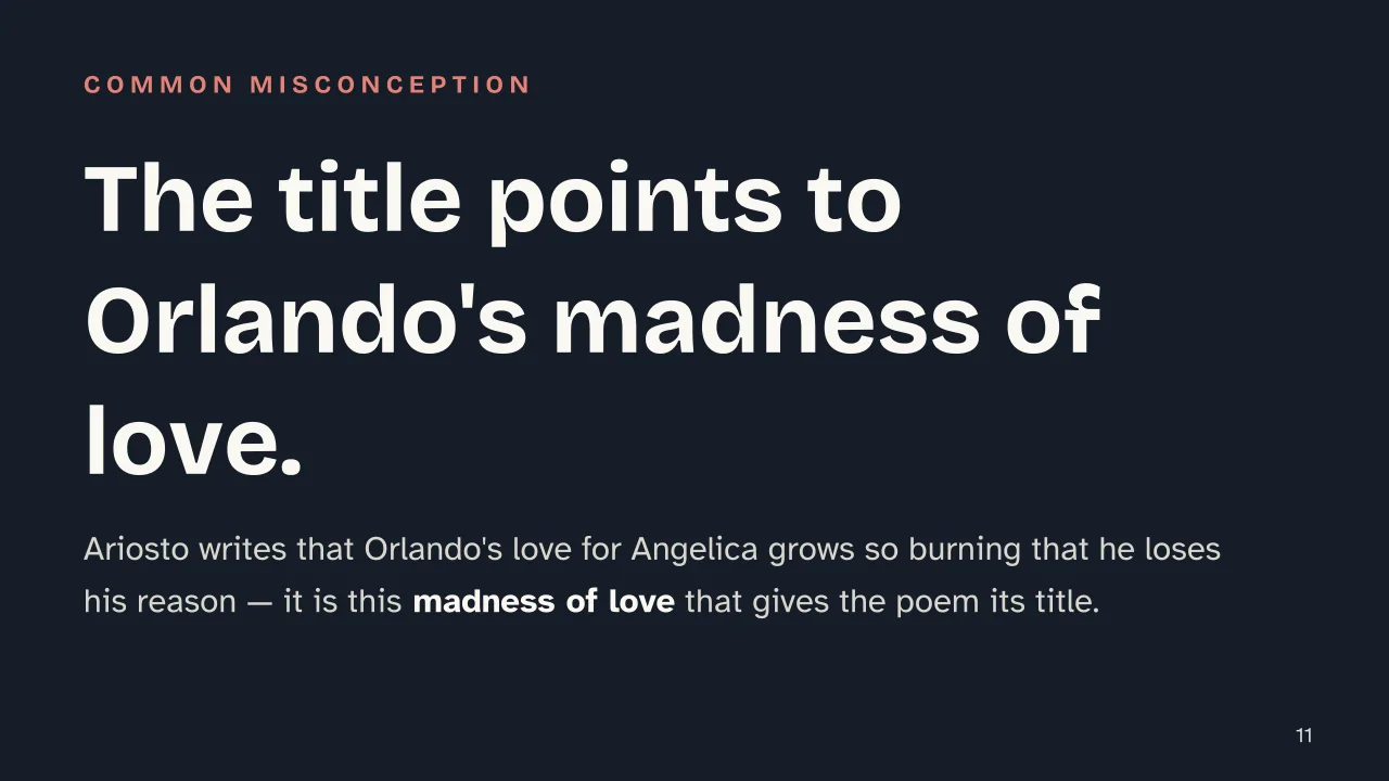Slide 11 of the presentation on Orlando Furioso: The title points to Orlando's madness of love.