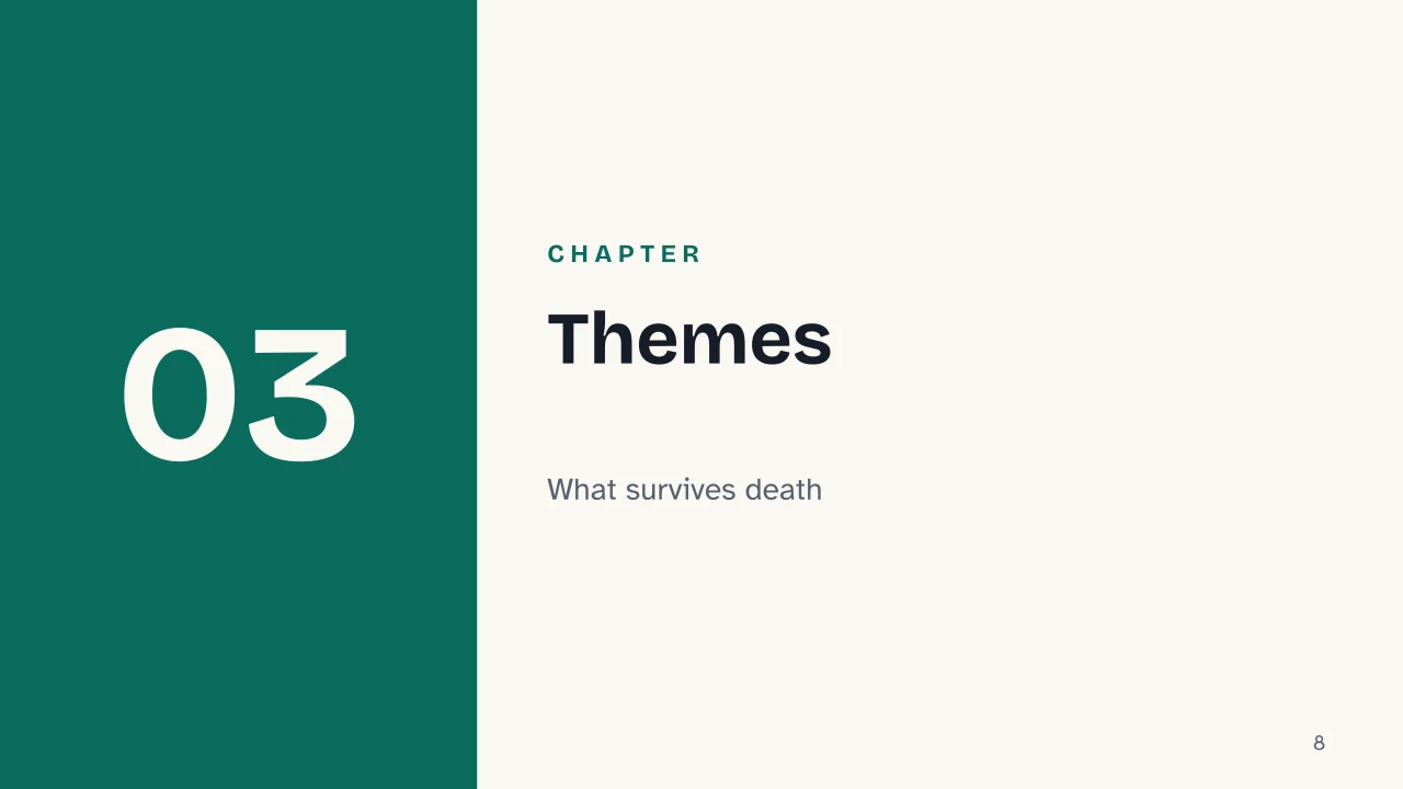 Slide 8 of the presentation on Of the Sepulchres: Chapter 03: Themes