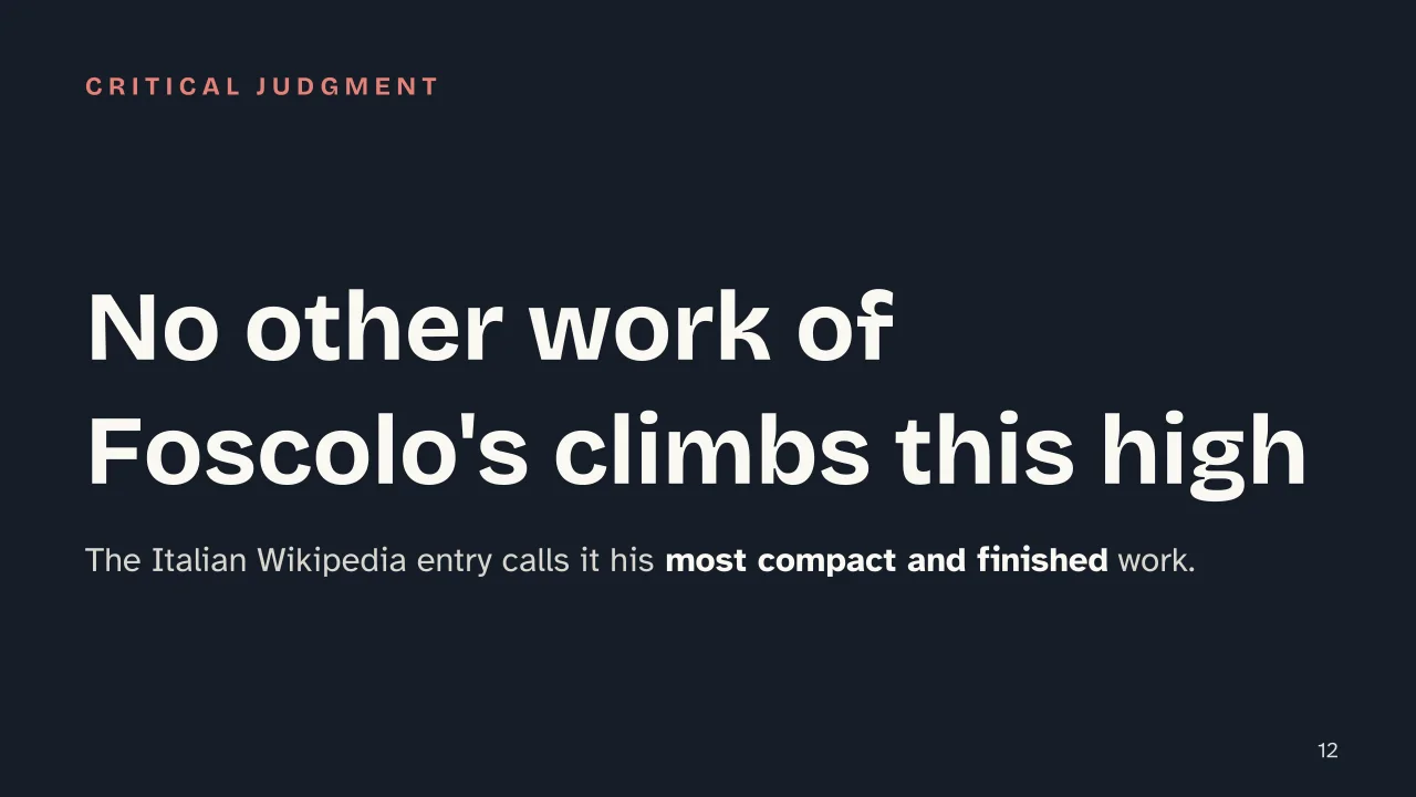 Slide 12 of the presentation on Of the Sepulchres: No other work of Foscolo's climbs this high