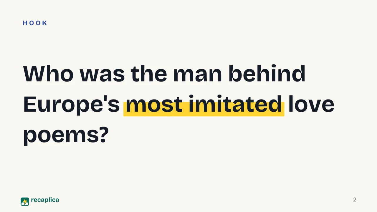 Slide 2 of the presentation on Petrarch and the Canzoniere: Who was the man behind Europe's most imitated love poems?