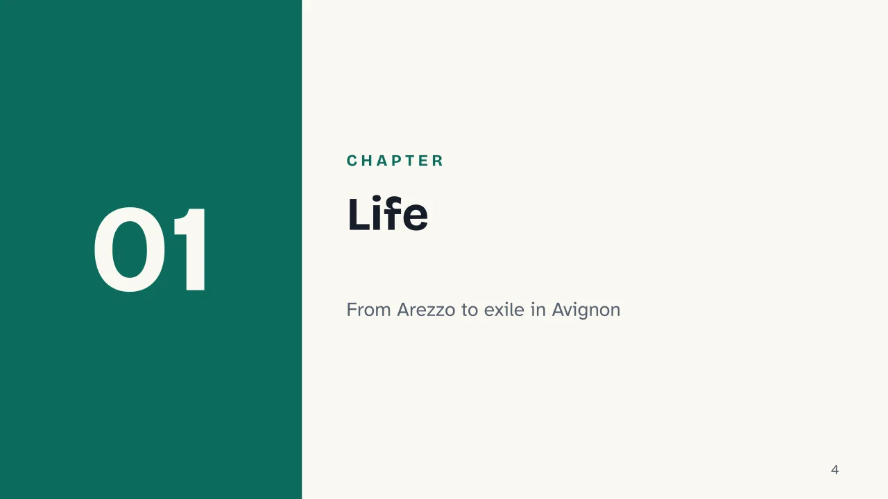 Slide 4 of the presentation on Petrarch and the Canzoniere: Chapter 01: Life