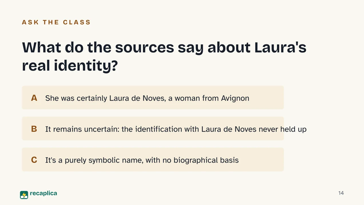 Slide 14 of the presentation on Petrarch and the Canzoniere: What do the sources say about Laura's real identity?