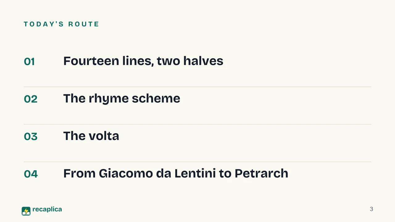 Slide 3 of the presentation on Petrarchan Sonnet: Today's route