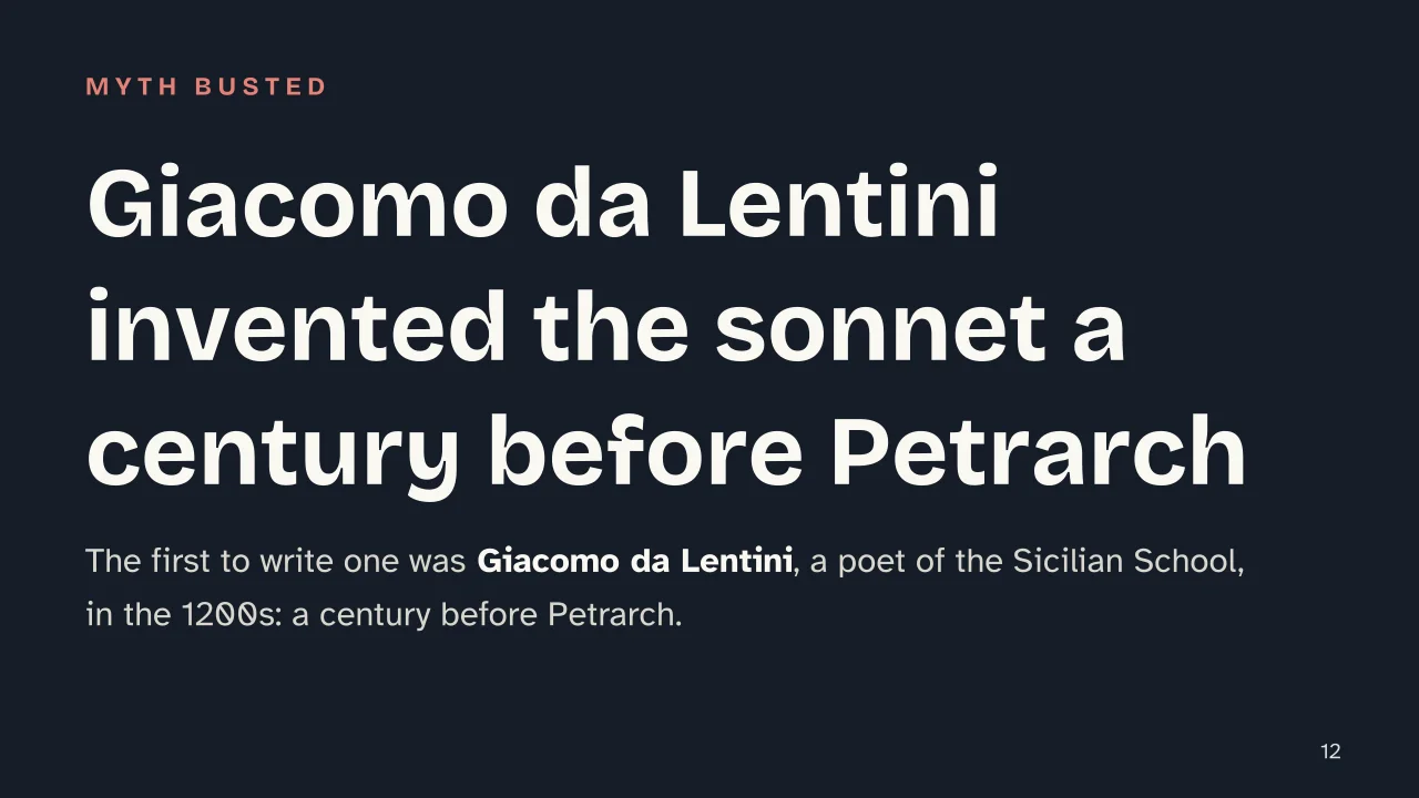 Slide 12 of the presentation on Petrarchan Sonnet: Giacomo da Lentini invented the sonnet a century before Petrarch