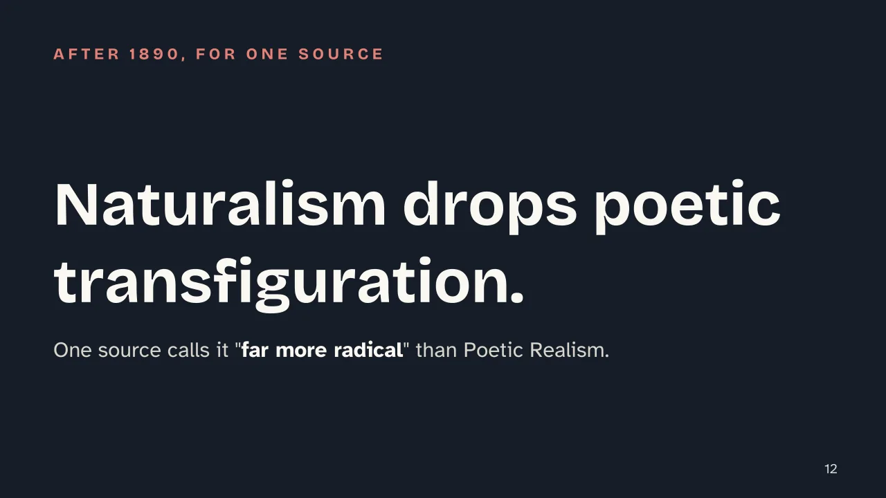 Slide 12 of the presentation on What Is Poetic Realism? Germany's 19th-Century Literary Movement: Naturalism drops poetic transfiguration.