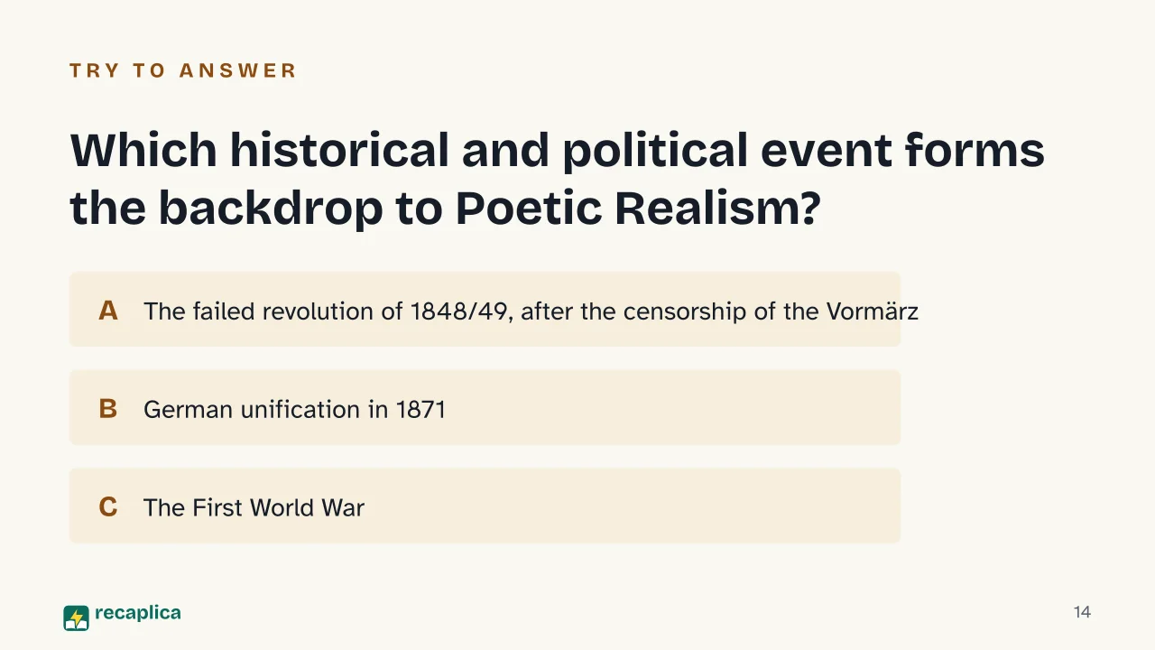 Slide 14 of the presentation on What Is Poetic Realism? Germany's 19th-Century Literary Movement: Which historical and political event forms the backdrop to Poetic Realism?