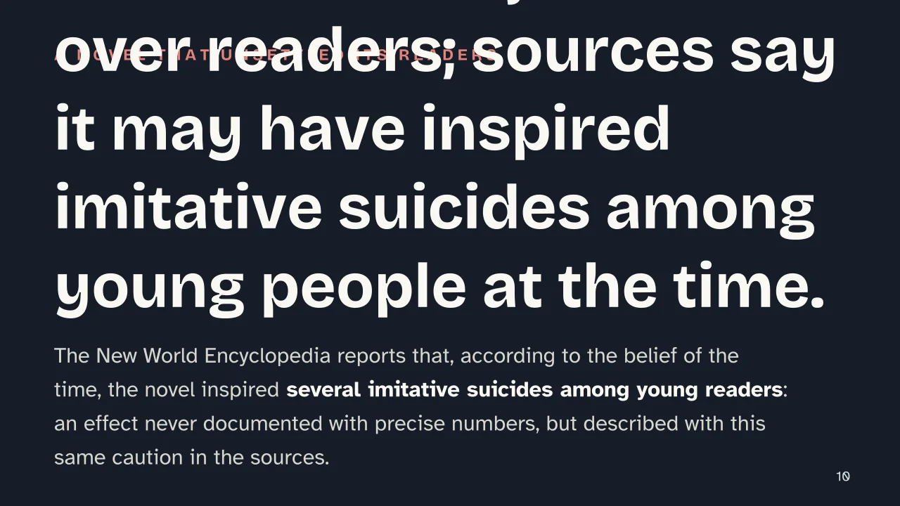 Slide 10 of the presentation on Sturm und Drang: Werther didn't just win over readers; sources say it may have inspired imitative suicides among young people at the time.