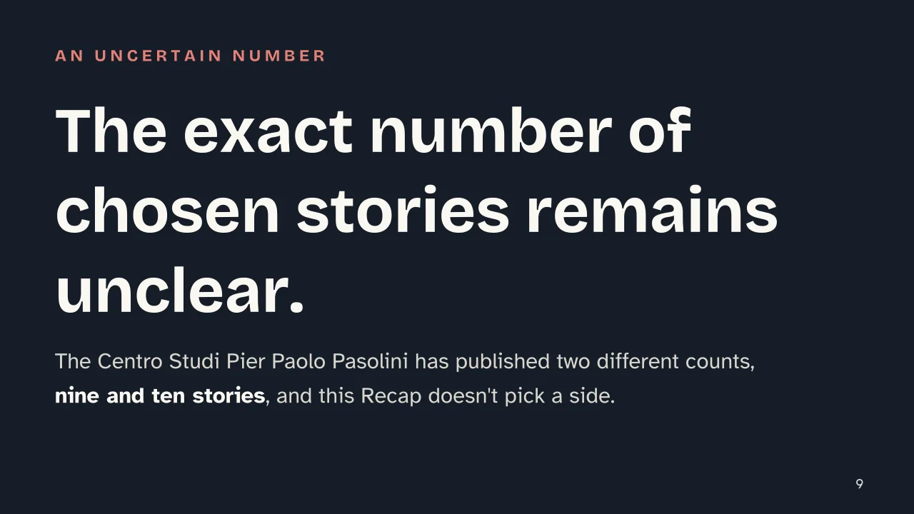 Slide 9 of the presentation on The Decameron (1971): The exact number of chosen stories remains unclear.