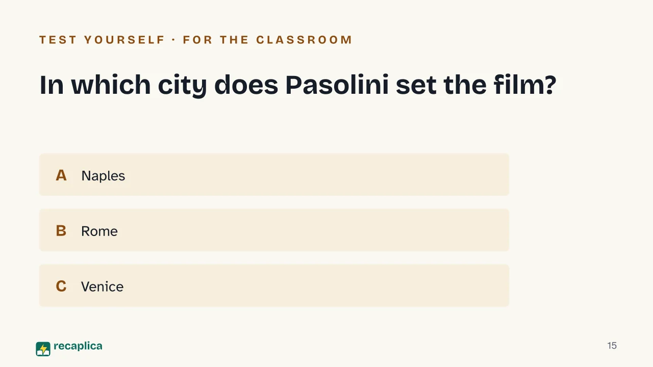 Slide 15 of the presentation on The Decameron (1971): In which city does Pasolini set the film?