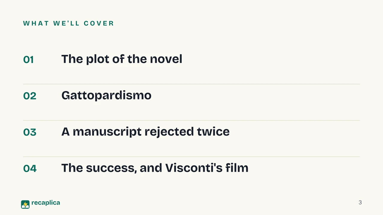 Slide 3 of the presentation on The Leopard Novel by Giuseppe Tomasi di Lampedusa: What we'll cover