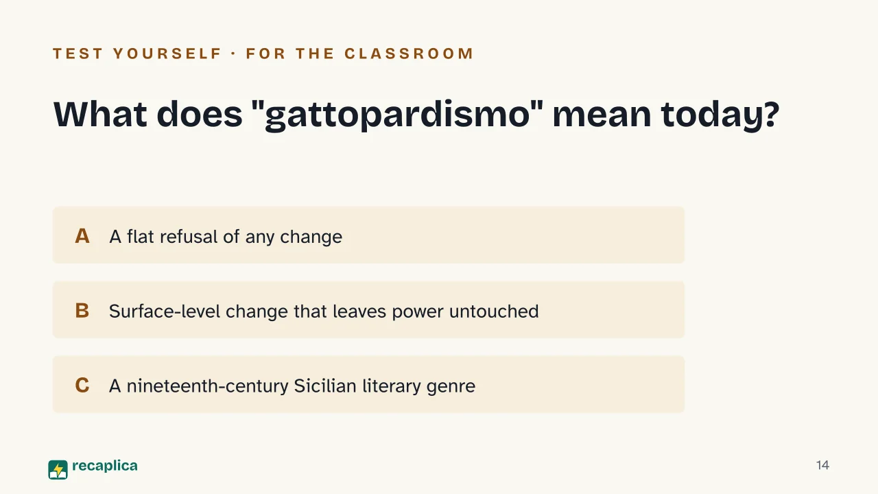 Slide 14 of the presentation on The Leopard Novel by Giuseppe Tomasi di Lampedusa: What does "gattopardismo" mean today?