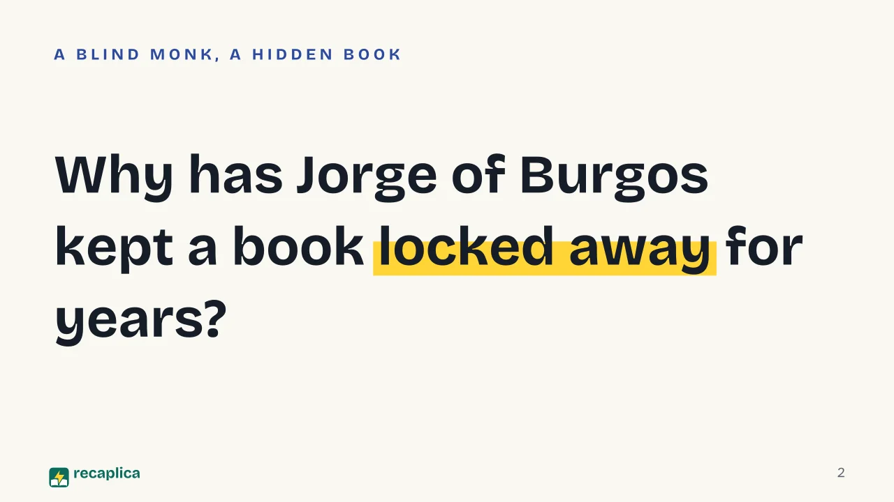 Slide 2 of the presentation on The Name of the Rose: Why has Jorge of Burgos kept a book locked away for years?