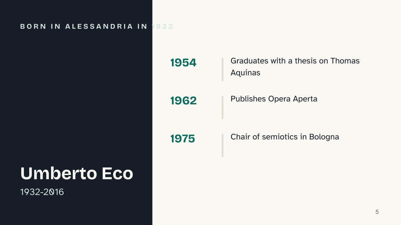 Slide 5 of the presentation on The Name of the Rose: Born in Alessandria in 1932