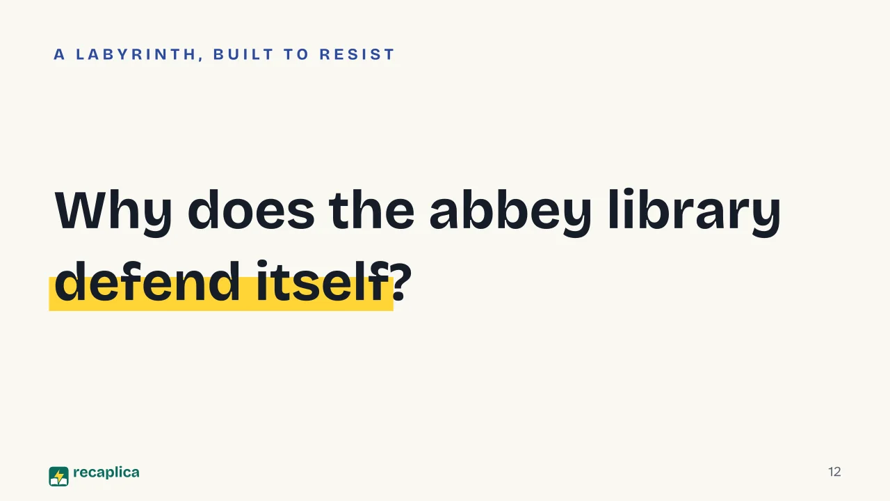 Slide 12 of the presentation on The Name of the Rose: Why does the abbey library defend itself?