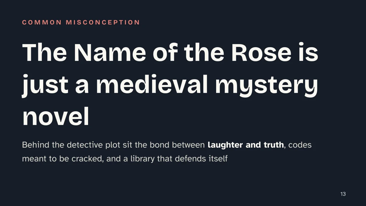 Slide 13 of the presentation on The Name of the Rose: The Name of the Rose is just a medieval mystery novel