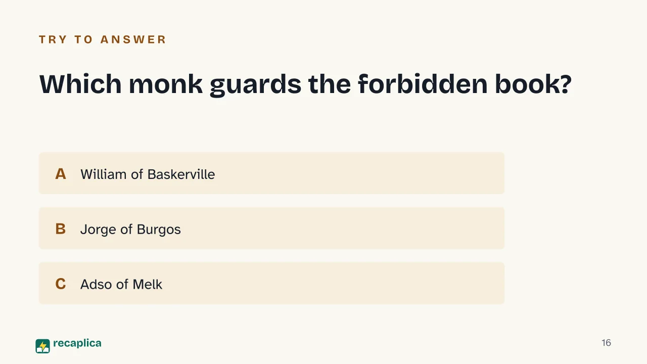 Slide 16 of the presentation on The Name of the Rose: Which monk guards the forbidden book?