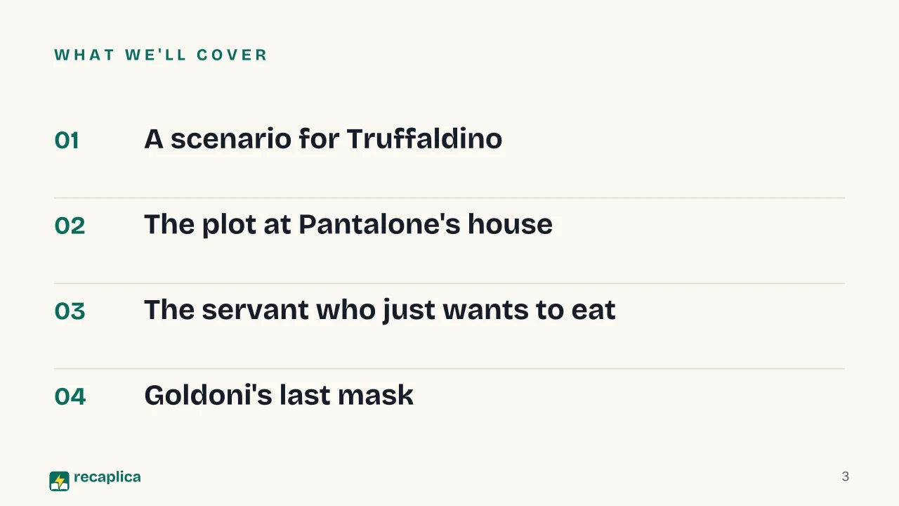 Slide 3 of the presentation on The Servant of Two Masters: What we'll cover