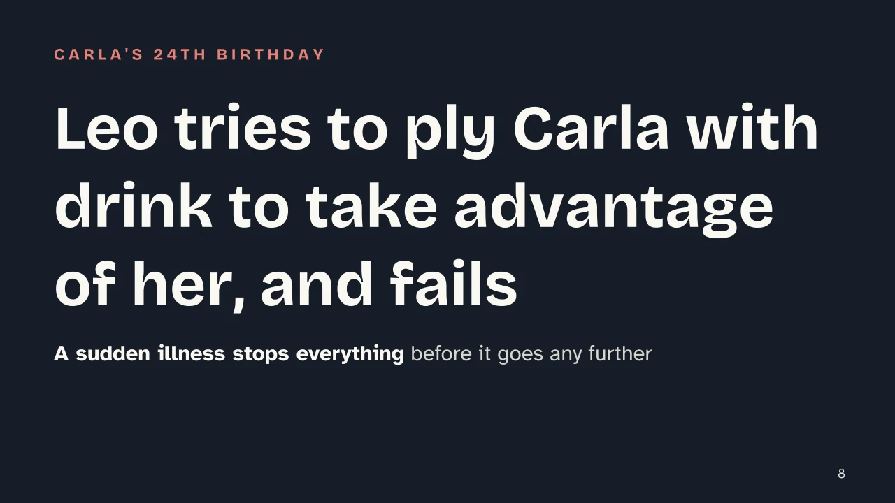 Slide 8 of the presentation on The Time of Indifference by Alberto Moravia: Leo tries to ply Carla with drink to take advantage of her, and fails