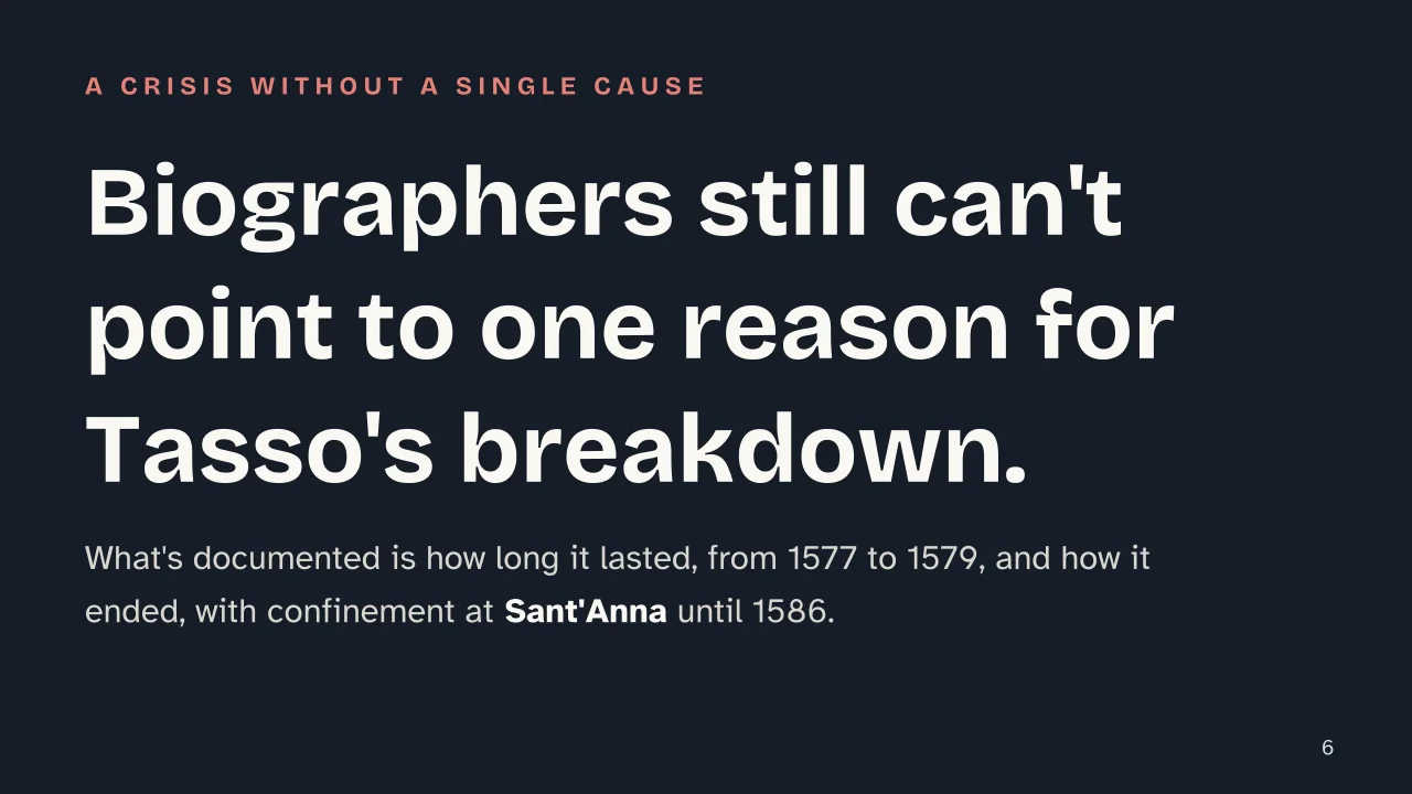 Slide 6 of the presentation on Torquato Tasso: Biographers still can't point to one reason for Tasso's breakdown.