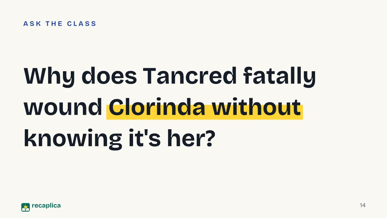 Slide 14 of the presentation on Torquato Tasso: Why does Tancred fatally wound Clorinda without knowing it's her?