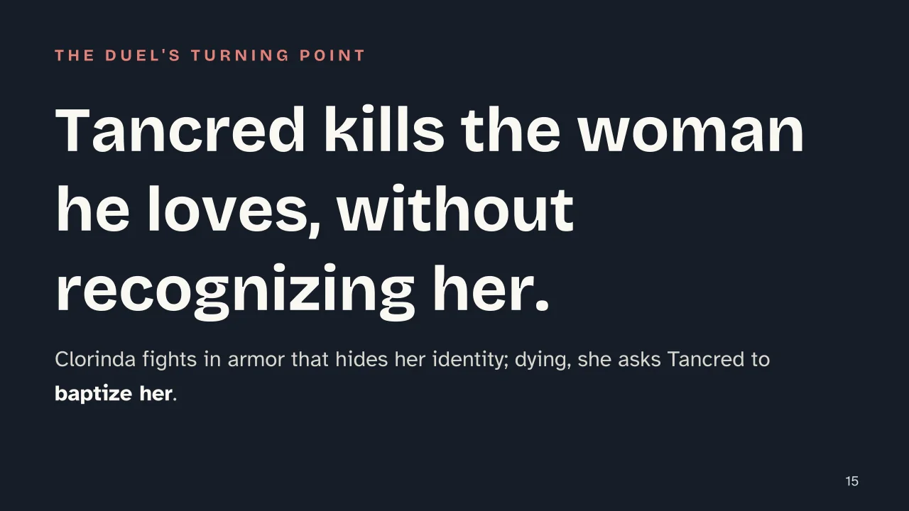 Slide 15 of the presentation on Torquato Tasso: Tancred kills the woman he loves, without recognizing her.