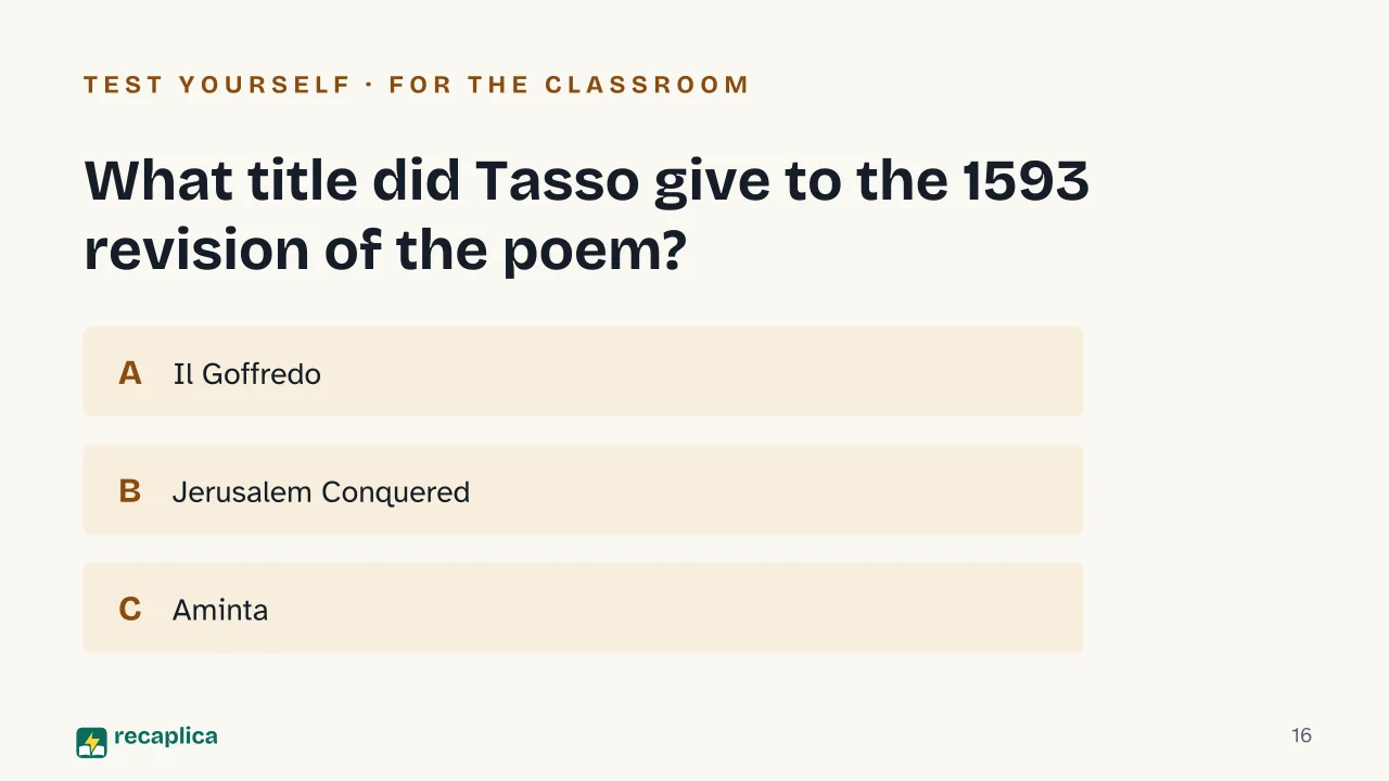 Slide 16 of the presentation on Torquato Tasso: What title did Tasso give to the 1593 revision of the poem?