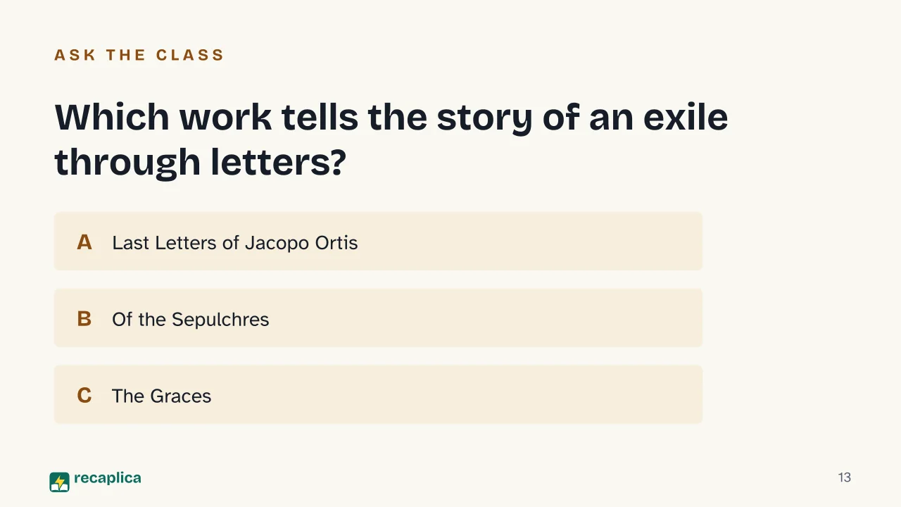 Slide 13 of the presentation on Ugo Foscolo: Which work tells the story of an exile through letters?