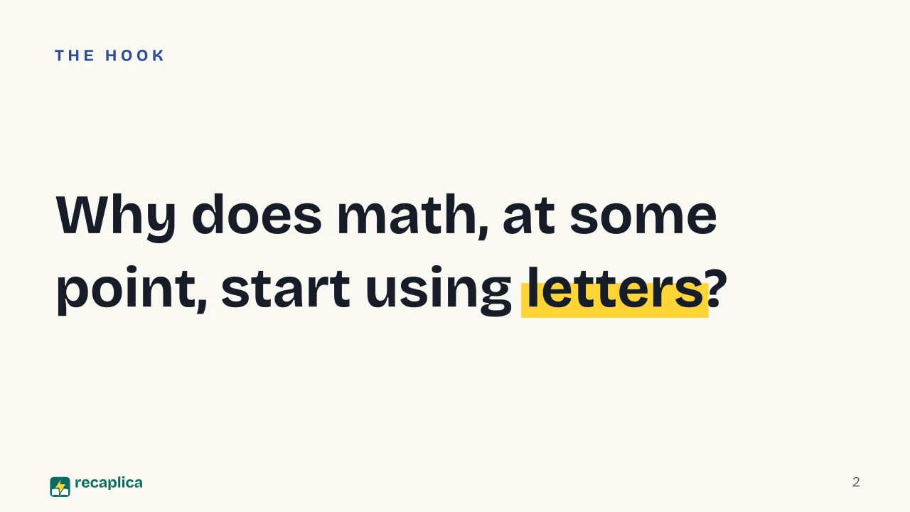 Slide 2 of the presentation on Algebra: Why does math, at some point, start using letters?