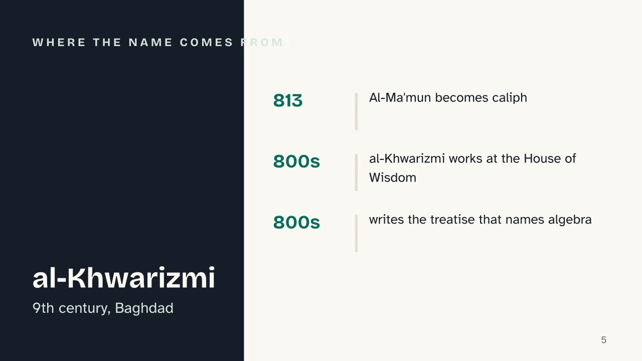 Slide 5 of the presentation on Algebra: Where the name comes from