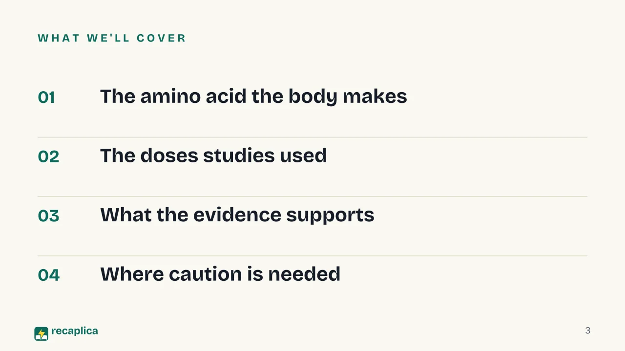 Slide 3 of the presentation on Arginine: What we'll cover