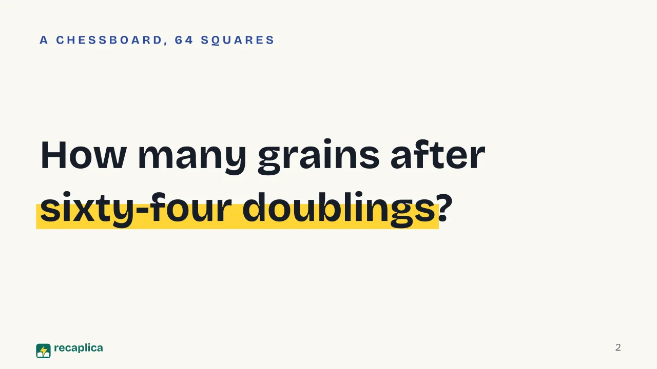Slide 2 of the presentation on Arithmetic and Geometric Sequences: How many grains after sixty-four doublings?