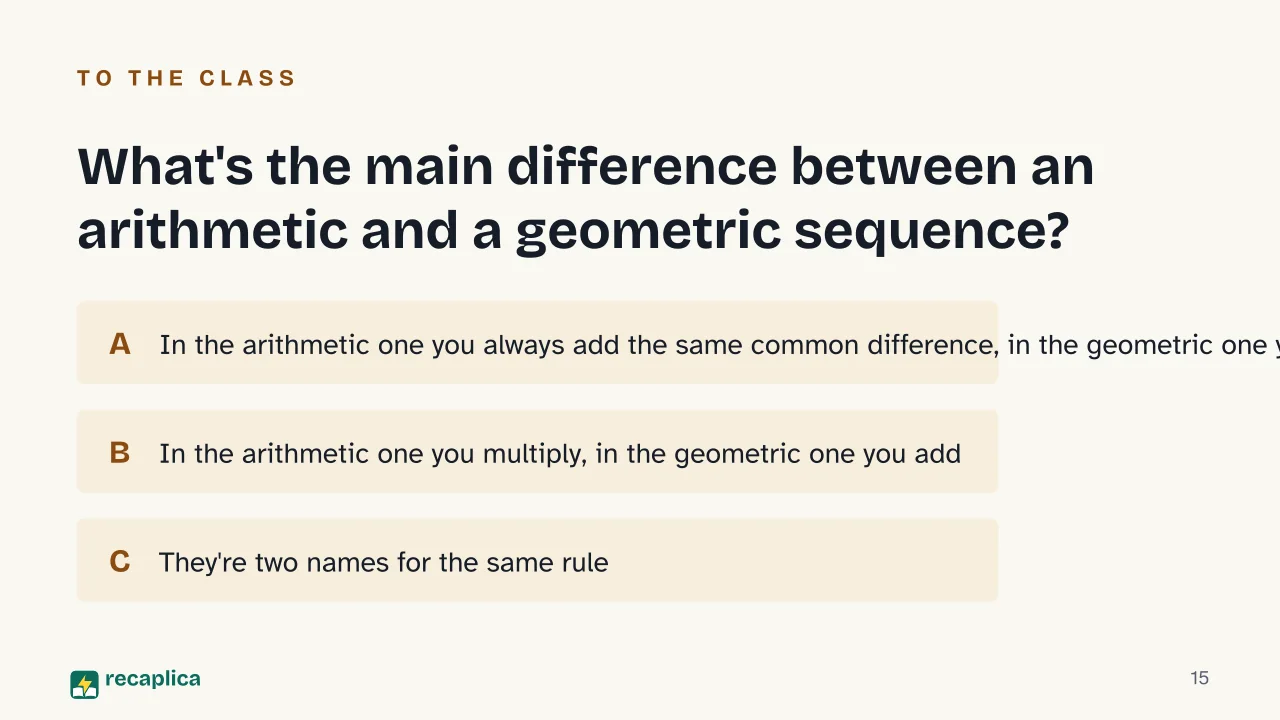 Slide 15 of the presentation on Arithmetic and Geometric Sequences: What's the main difference between an arithmetic and a geometric sequence?