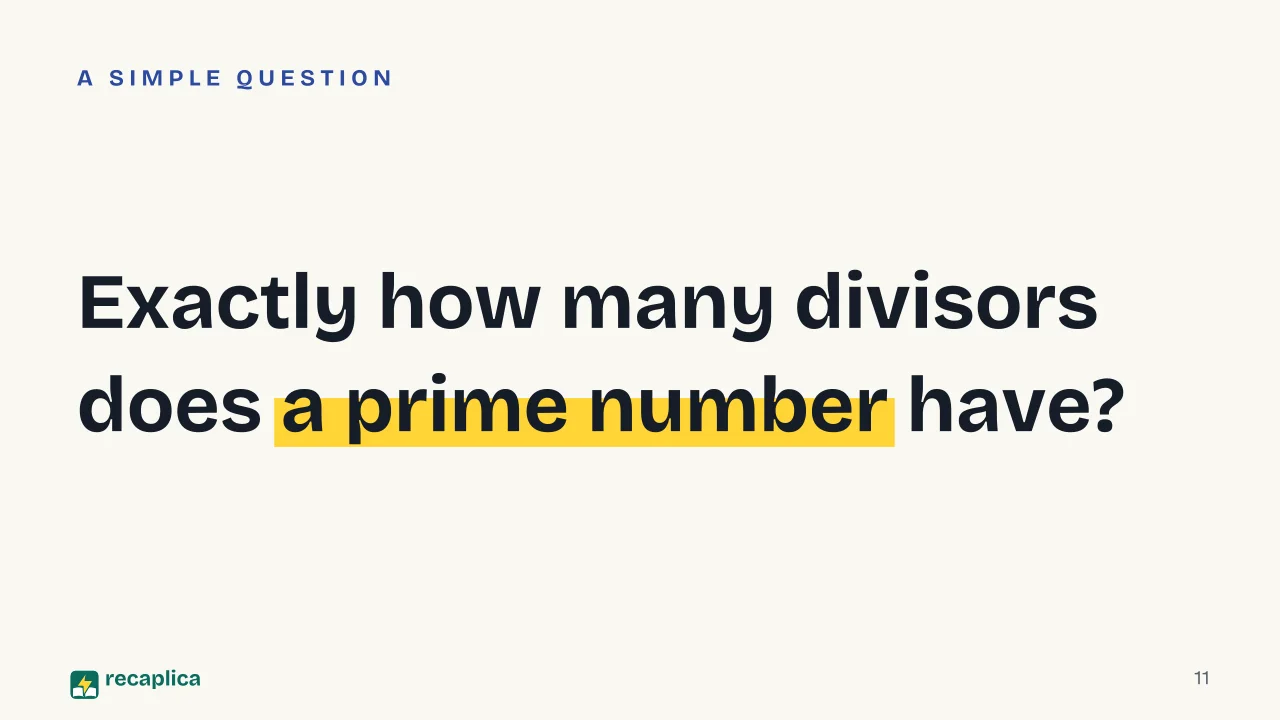 Slide 11 of the presentation on What Is Arithmetic? The Basics Explained: Exactly how many divisors does a prime number have?