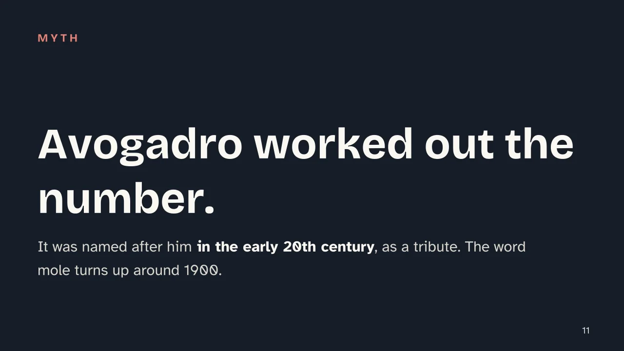Slide 11 of the presentation on Avogadro's Number: Avogadro worked out the number.