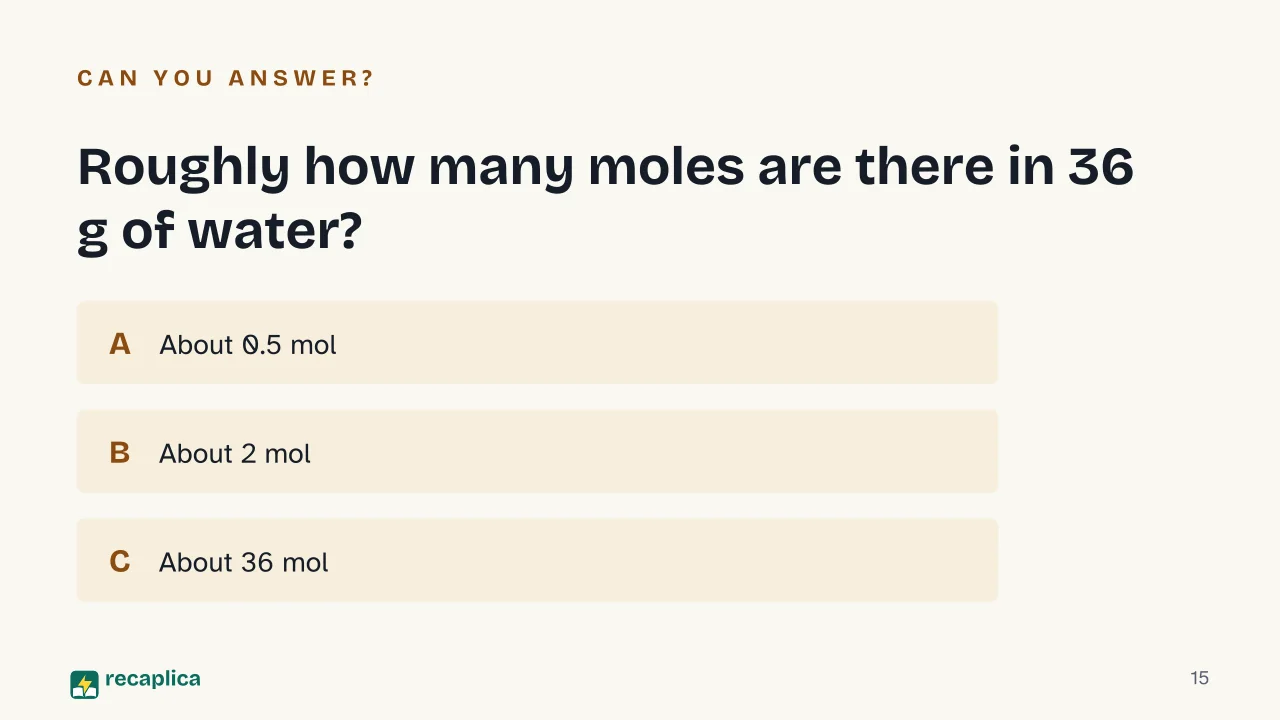 Slide 15 of the presentation on Avogadro's Number: Roughly how many moles are there in 36 g of water?
