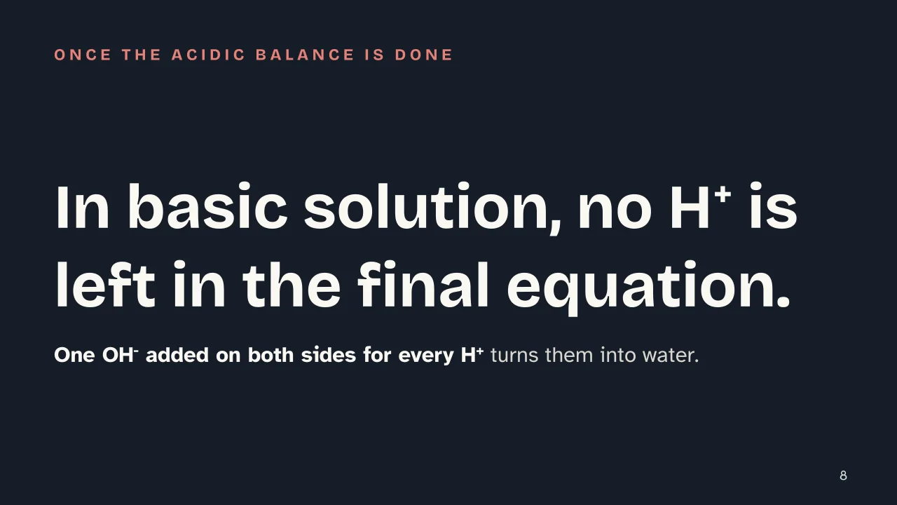 Slide 8 of the presentation on Balancing Redox Reactions: In basic solution, no H⁺ is left in the final equation.