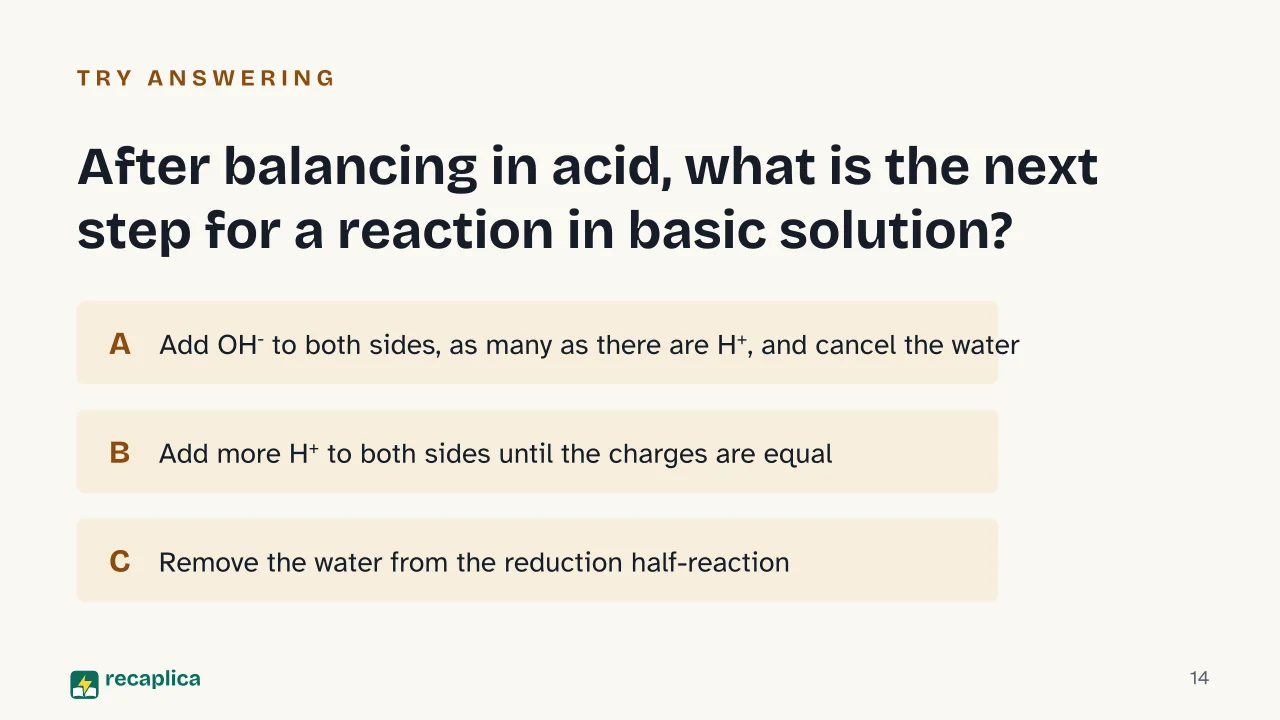 Slide 14 of the presentation on Balancing Redox Reactions: After balancing in acid, what is the next step for a reaction in basic solution?