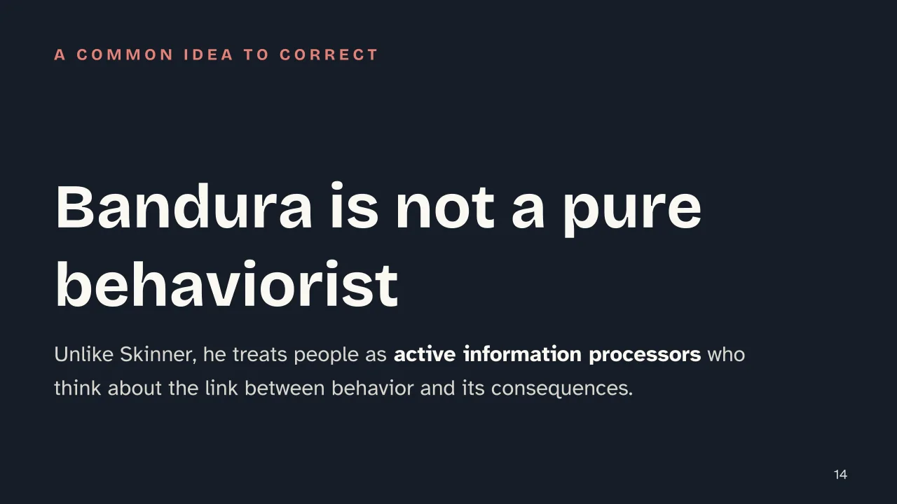 Slide 14 of the presentation on Bandura's Social Learning Theory: Bandura is not a pure behaviorist