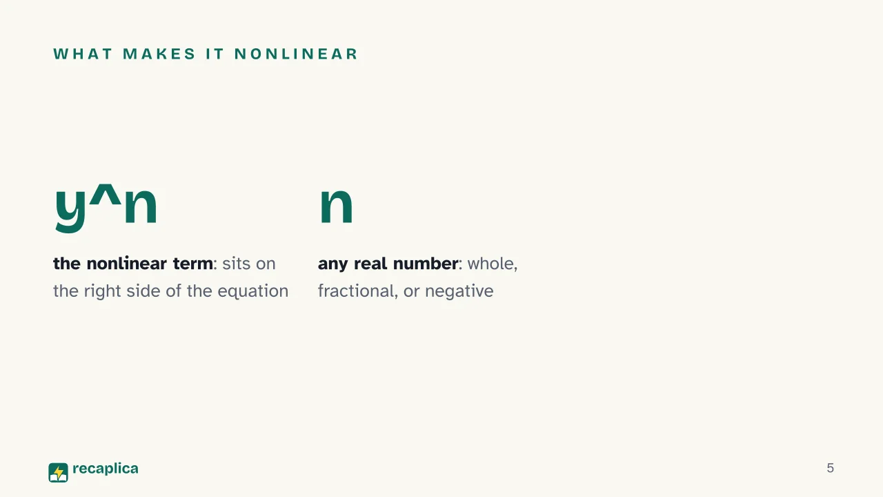 Slide 5 of the presentation on Bernoulli Differential Equation: What makes it nonlinear