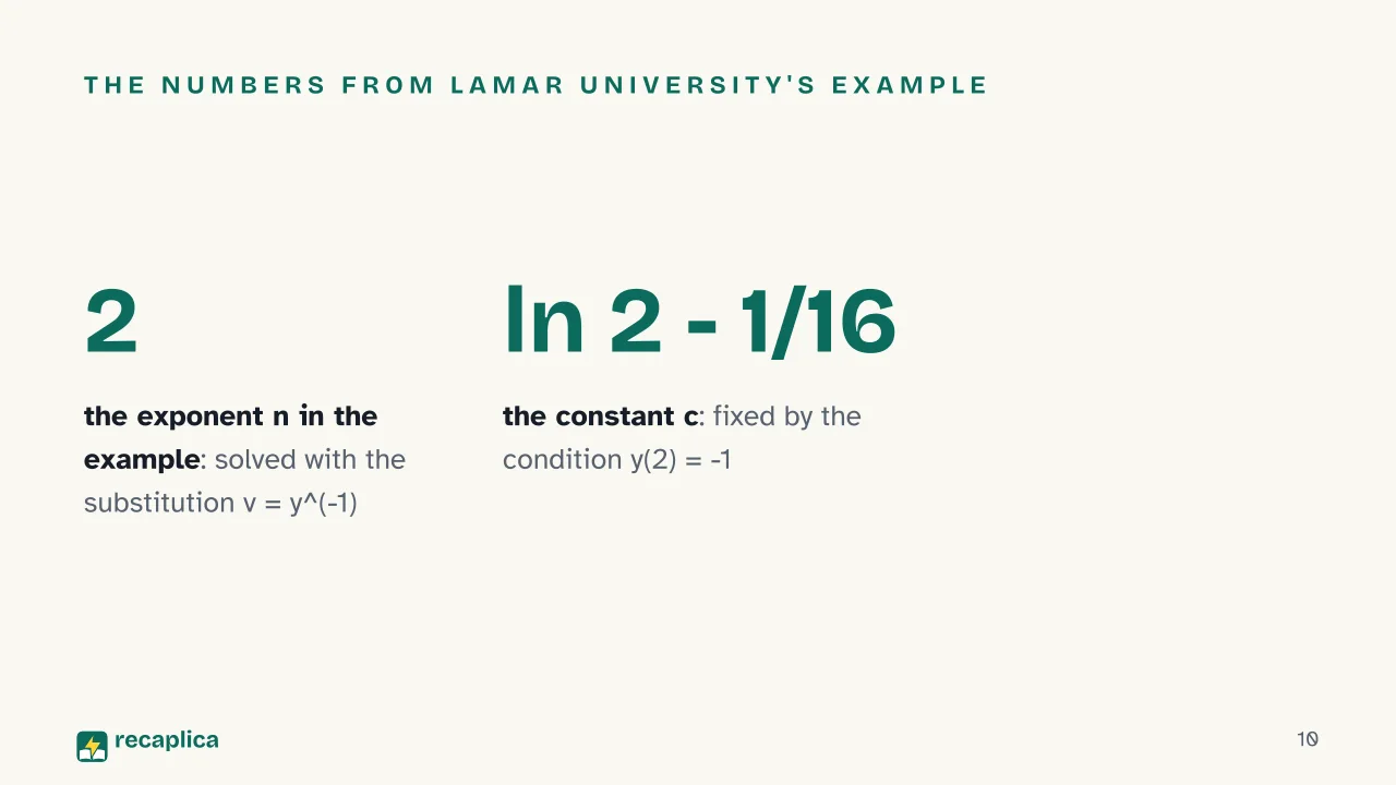 Slide 10 of the presentation on Bernoulli Differential Equation: The numbers from Lamar University's example