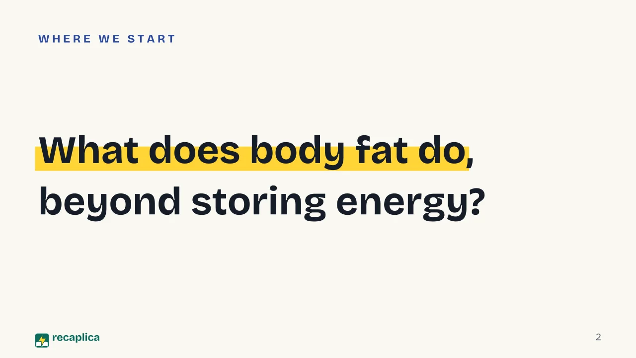 Slide 2 of the presentation on Body fat: What does body fat do, beyond storing energy?