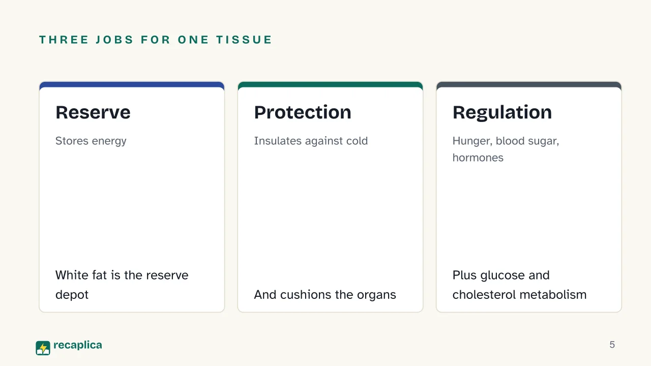 Slide 5 of the presentation on Body fat: Three jobs for one tissue: Reserve, Protection, Regulation