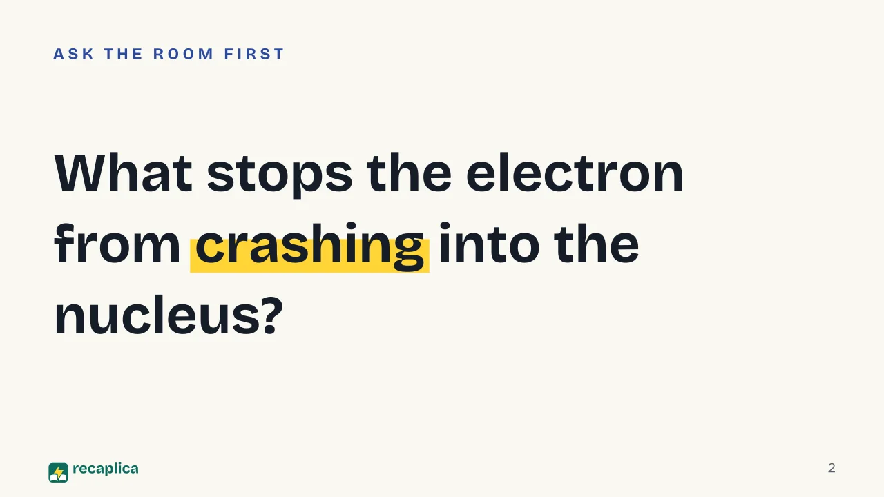 Slide 2 of the presentation on Bohr Model of the Atom Explained: What stops the electron from crashing into the nucleus?